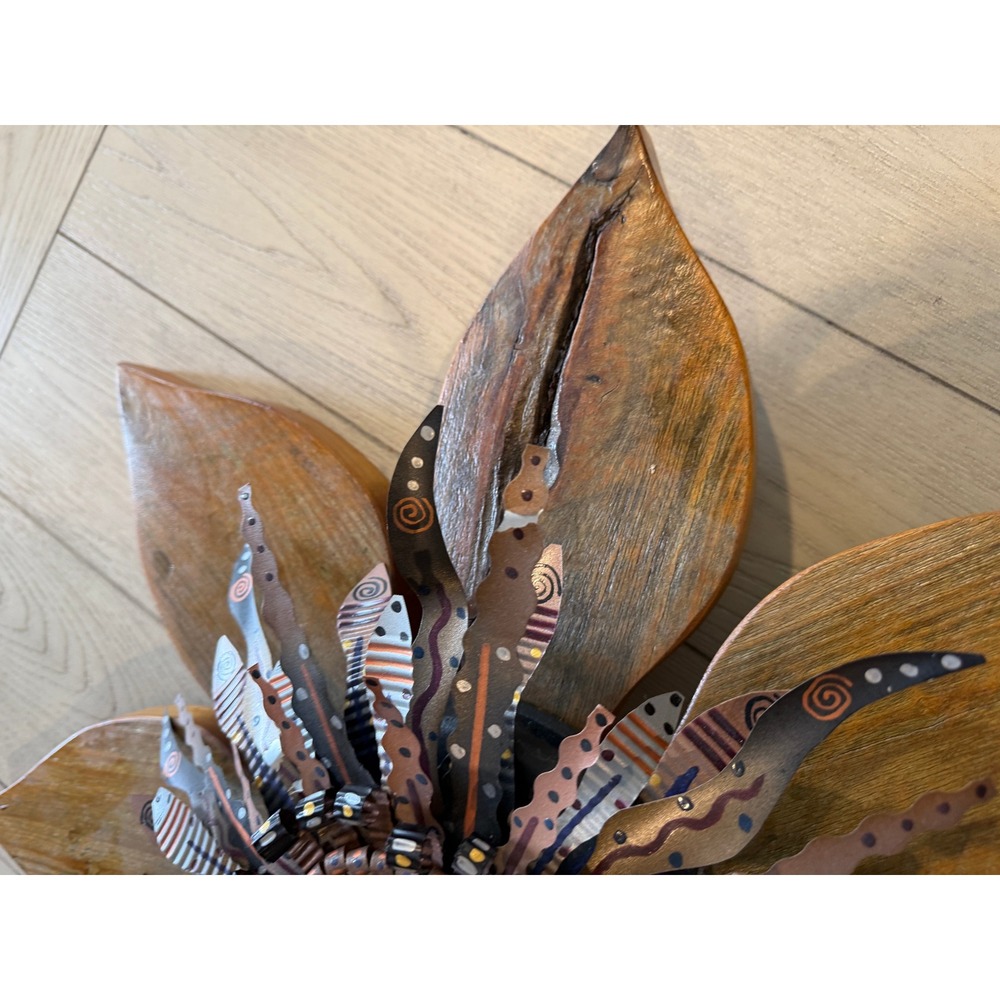 Large 21" Handcrafted Wood and Metal Floral Wall Sculpture Art African - Picture 6 of 8